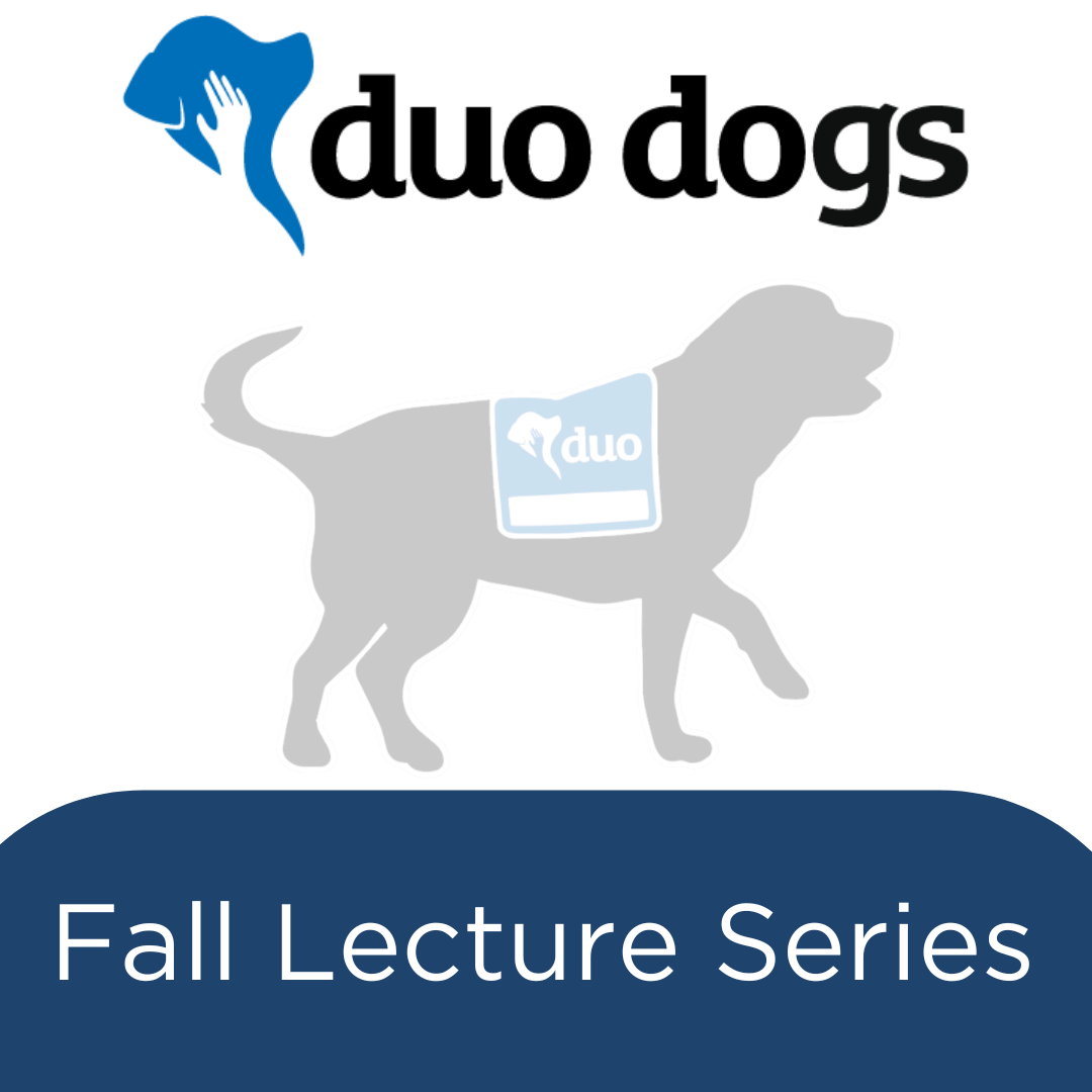 Duo Dogs logo with the image of a black dog, wearing a blue Duo Dogs cape above the text: Fall Lecture Series.