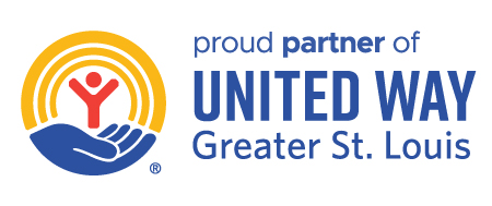 Proud Partner of the United Way Great St. Louis logo. Horizontal logo with text "proud partner of United Way Greater St. Louis", a blue cupped hand with a red person arms stretched up under a yellow arc.